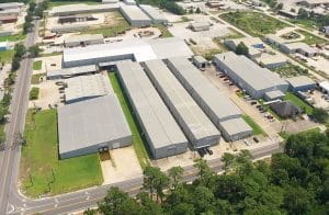 Aerial view of Tulco Industrial Storage facility in Sulphur, Louisiana, showcasing warehouses and infrastructure designed for industrial logistics and inventory management.