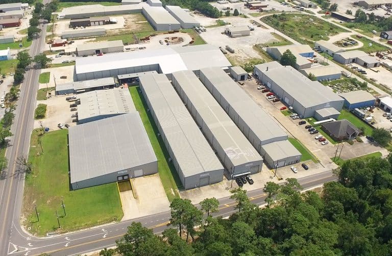 Aerial view of Tulco Industrial Storage facility in Sulphur, Louisiana, showcasing warehouses and infrastructure designed for industrial logistics and inventory management.